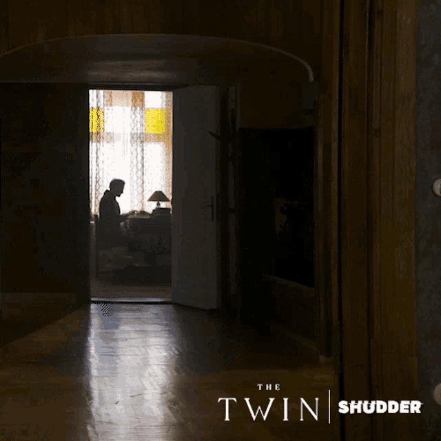 a poster for the movie the twin shudder shows a woman holding a basket of laundry