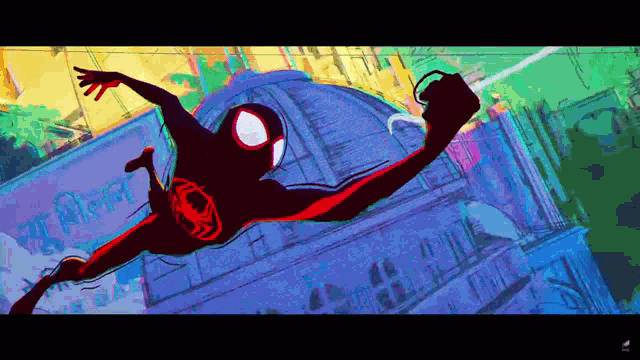 a cartoon of spider-man flying through the air with a sign that says ' spiderman ' on it