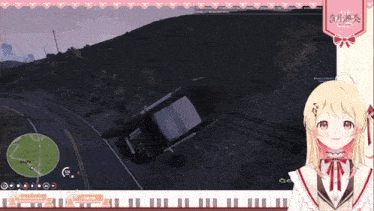 a girl is playing a video game while a car is on the ground