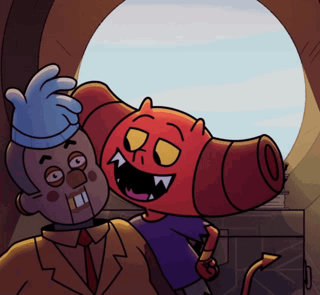a cartoon drawing of a man and a monster with horns