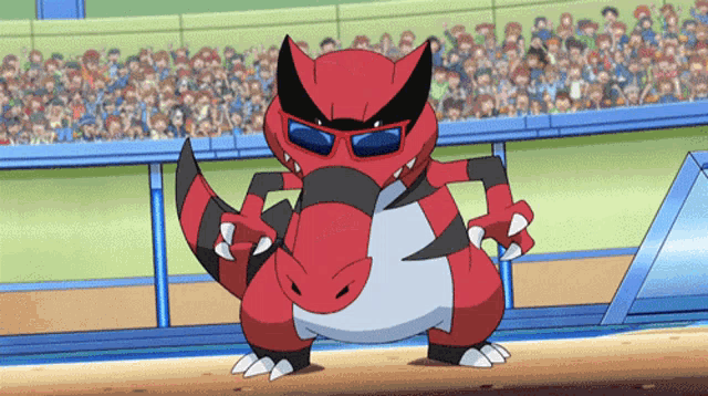 a red and black pokemon wearing sunglasses is standing in front of a crowd