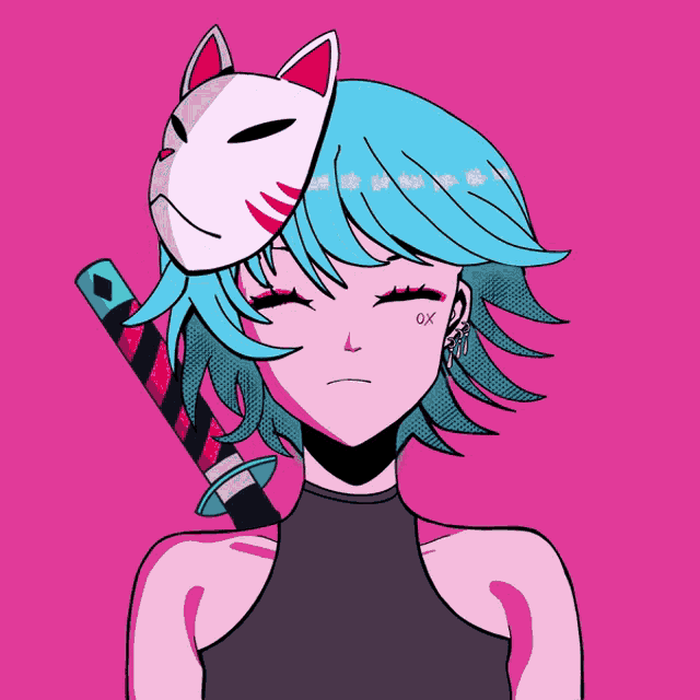 a girl with blue hair is wearing a mask and holding a sword with the letters ox on her face