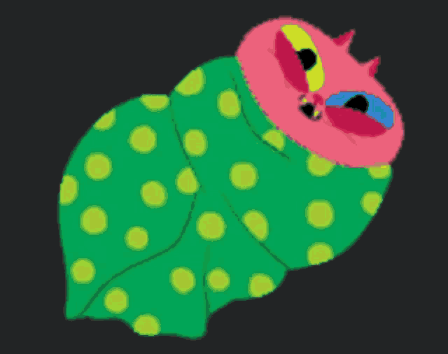 a cartoon drawing of a cat wrapped in a green polka dot blanket