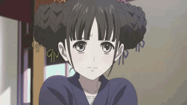 a girl with a braided bun is looking at the camera with tokyo mx in the background
