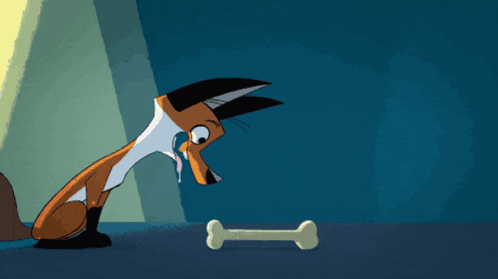 a cartoon of a fox sniffing a bone with its tongue out