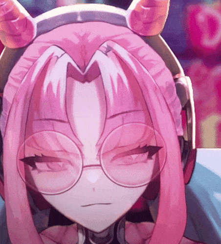 a close up of a girl with pink hair wearing glasses