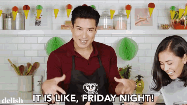 a man and woman are in a kitchen with the words it is like friday night