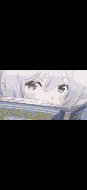 a girl with white hair and green eyes is reading a book