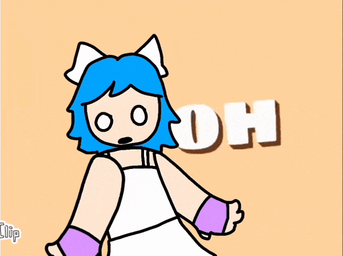 a cartoon girl with blue hair is standing in front of a yellow background that says honey honey honey