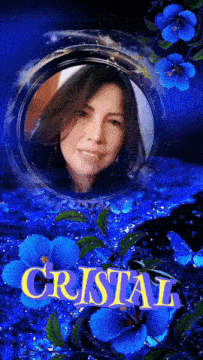 a picture of a woman surrounded by blue flowers and the word cristal