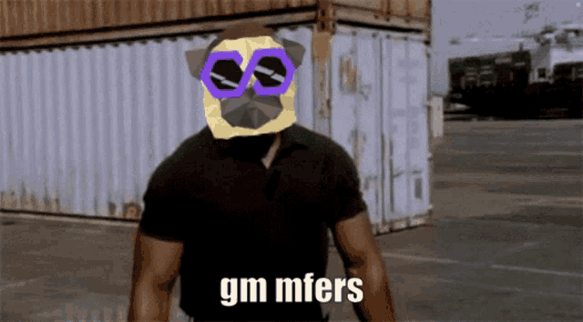 a man with a purple mask on his head and the words gm mfers below him