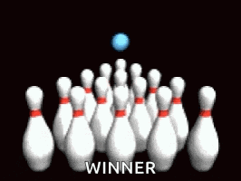 a bowling ball is going through a bunch of pins and the word winner is on the bottom