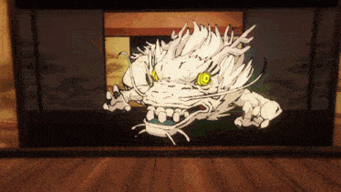 a drawing of a dragon with yellow eyes