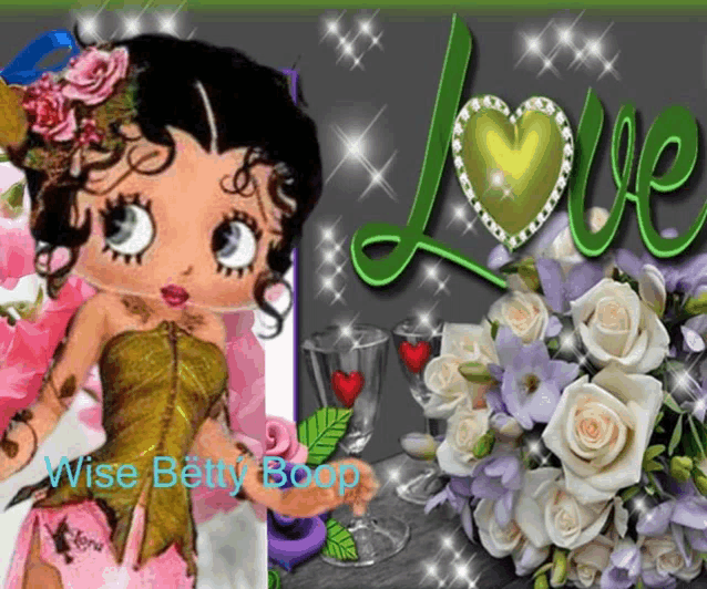 a picture of betty boop with a bouquet of flowers and the word love
