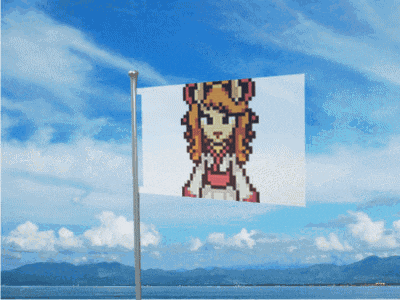 a flag with a pixelated image of a girl flying in the wind