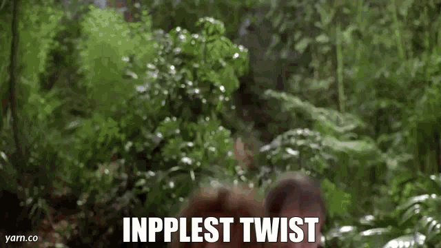 a person is walking through a lush green forest with the words `` inppliest twist '' written above them .