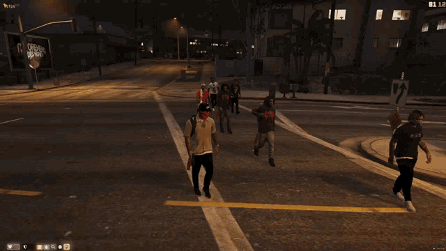 a screenshot of a video game shows a group of people crossing a street at night