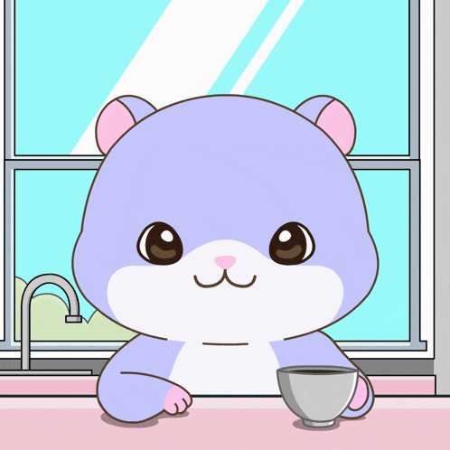 a cartoon hamster with a cup of coffee and the words cheers behind him