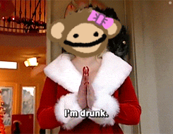a woman with a monkey face on her head says i 'm drunk