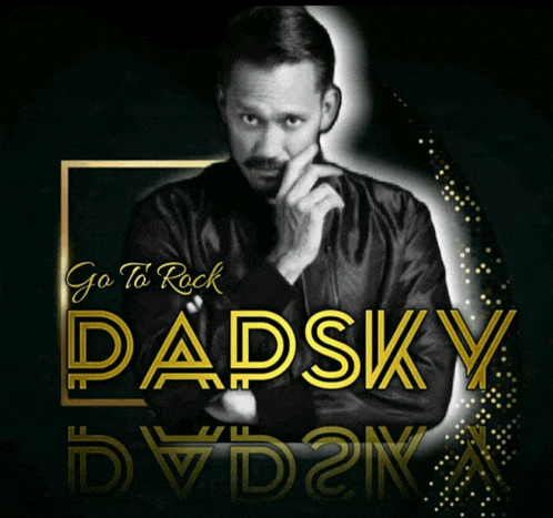 a black and white photo of a man with the words go to rock dadsky on the bottom