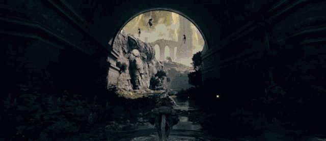 a video game scene with a castle in the distance