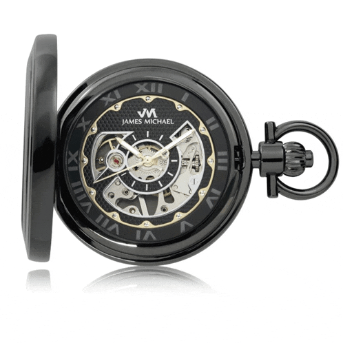 a black pocket watch by james michael has roman numerals on the face