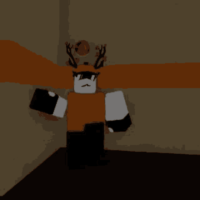a minecraft character with antlers is standing in a room .