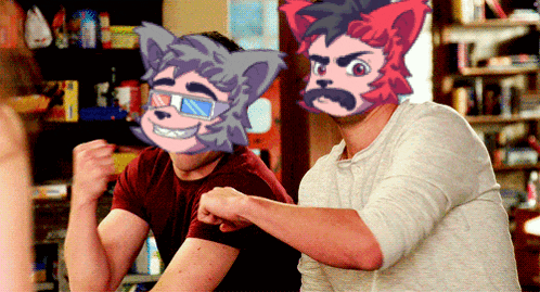 a man with a furry mask on his face stands next to another man with a furry mask on his face