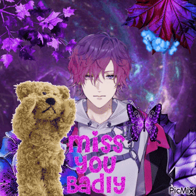 a picture of a boy with purple hair and a teddy bear with the words miss you badly on it