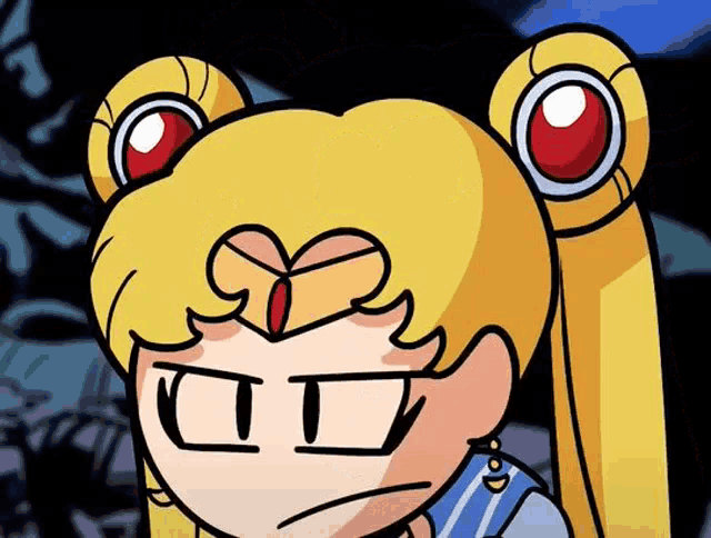 a close up of a cartoon character with a heart on her forehead and ears .