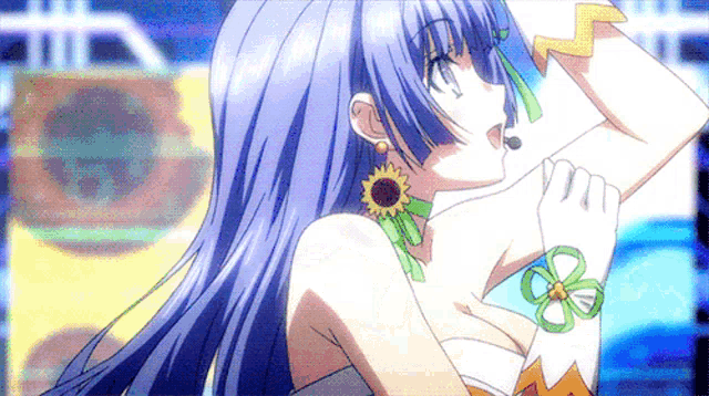 a purple haired anime girl with a sunflower necklace