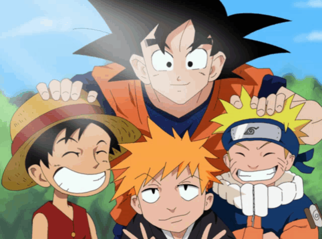 a group of anime characters posing for a picture including naruto and one piece