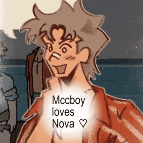 a drawing of a man with the words mccboy loves nova written on his chest