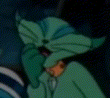 a close up of a cartoon character in a green coat