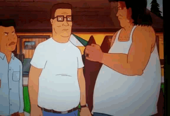 three men are standing next to each other in a cartoon scene .