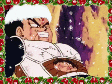 a cartoon of a man wearing a santa hat is surrounded by christmas decorations