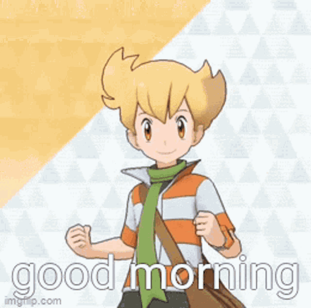 a cartoon character says " good morning " with a yellow background