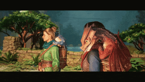 a woman and a dragon are standing next to each other in a game