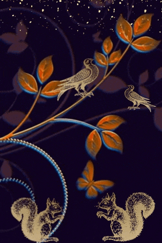 a squirrel and a bird are sitting on a branch with leaves