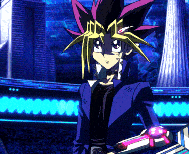 a cartoon character with purple hair and a blue jacket holds a sword