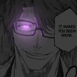 a black and white drawing of a man with glasses and a speech bubble saying it makes you seem weak