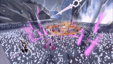 a person in a video game is being attacked by purple and orange swords