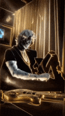 a statue of a man sitting in a chair with a guitar in front of him