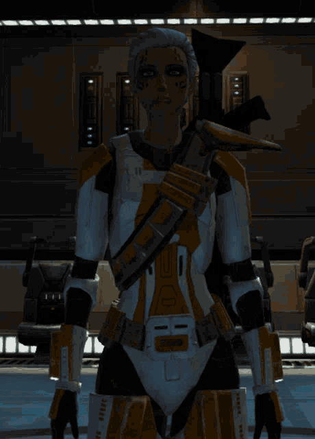 a video game character covering his face with his hands while wearing a white and orange armor