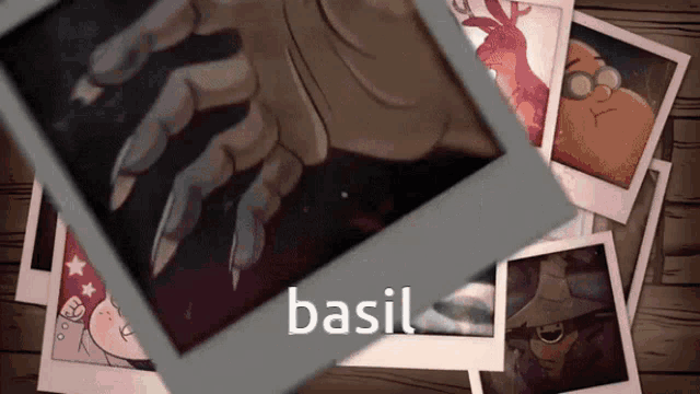a picture of a monster is surrounded by other pictures and the word basil is visible