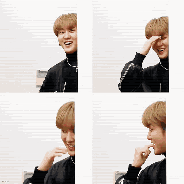 a collage of four photos of a young man covering his eyes