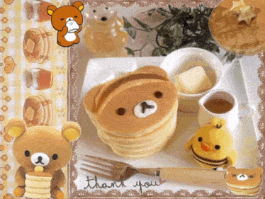 a picture of a stack of pancakes with a thank you message