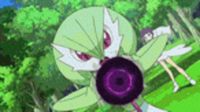 a green and white pokemon with a purple circle in its mouth is fighting a girl in a forest .