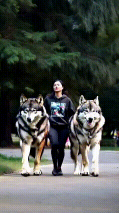 a woman is walking two huskies on a leash