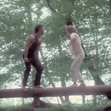 a man and woman are balancing on a log in the woods